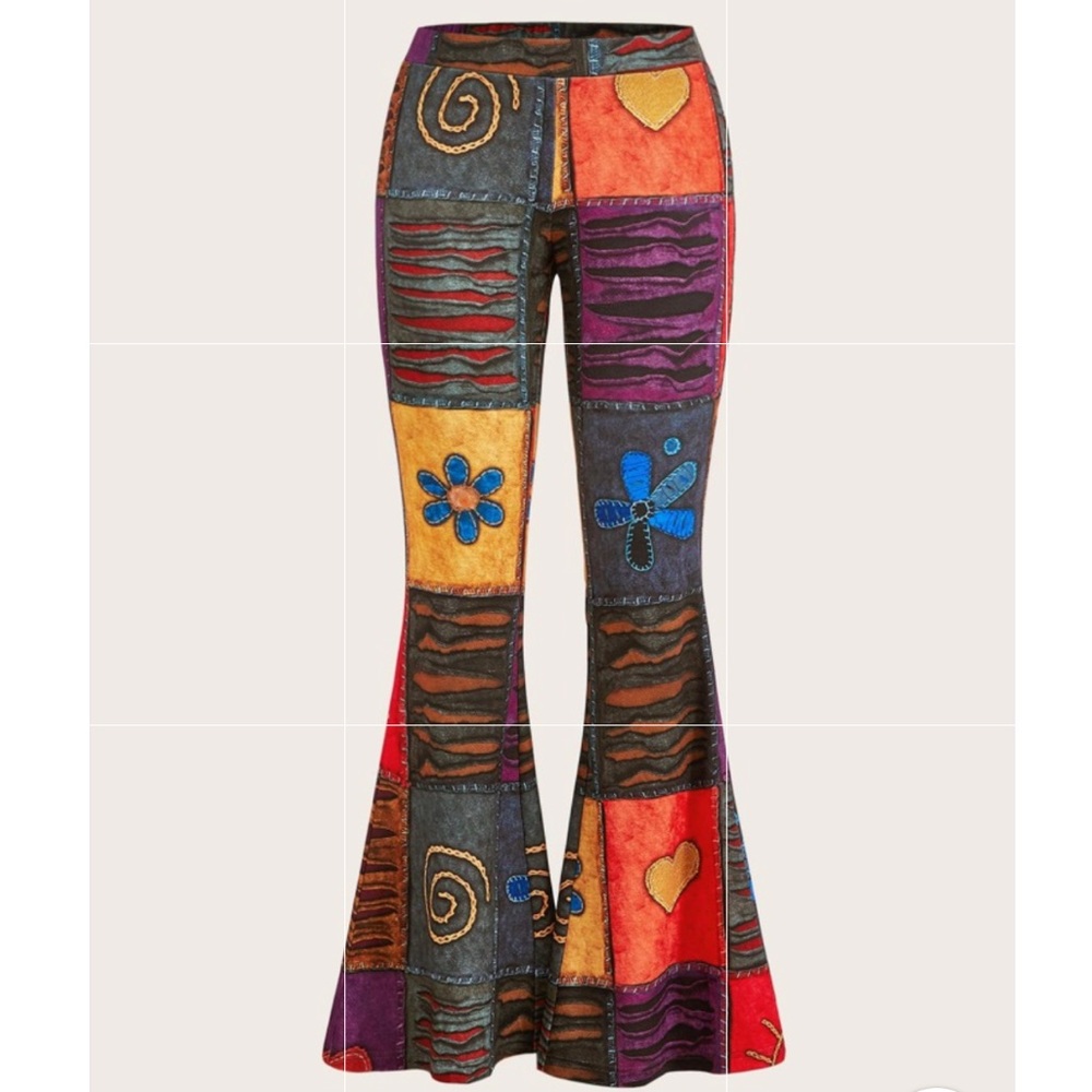 SHEIN Women’s Colorful Patchwork Bohemian Flared Pants Size Large